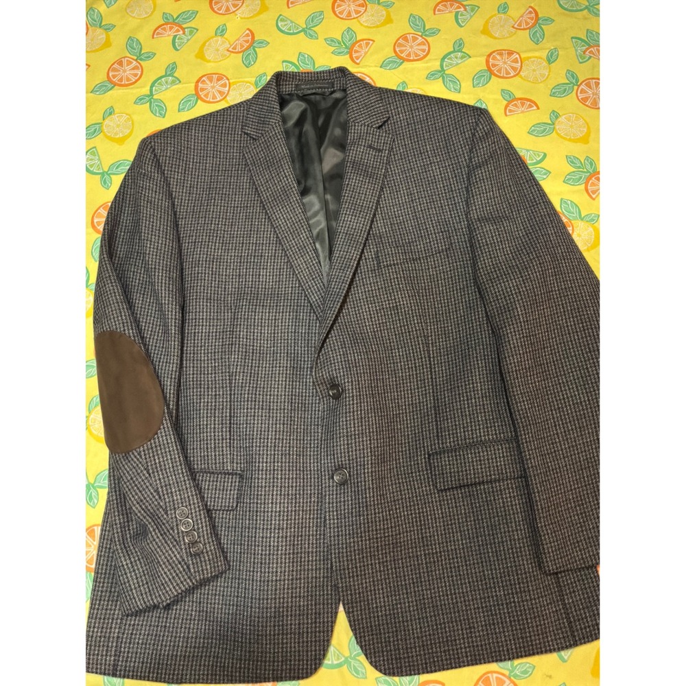 Chaps Sport Coat Mens 46R Grey Houndstooth Wool Blazer Elbow Patches